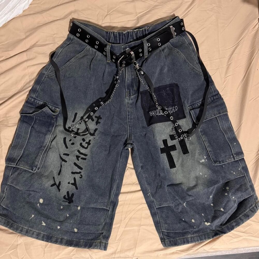 New Kiikio Vintage Y2K Magere denim cargo shorts with harness & chain details